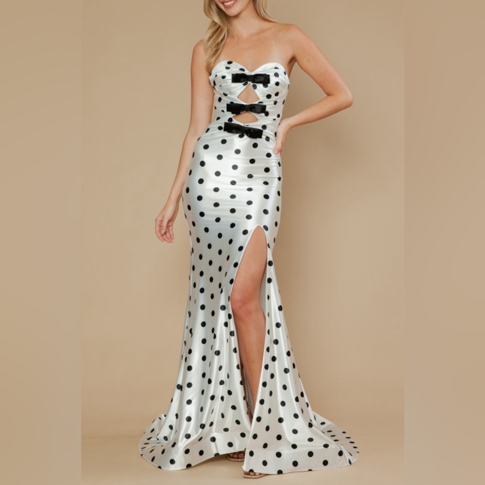 Strapless White Polka Dot Maxi Dress with Bow Accents